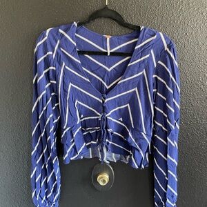 Free People Navy Chevron Tie Front Blouse